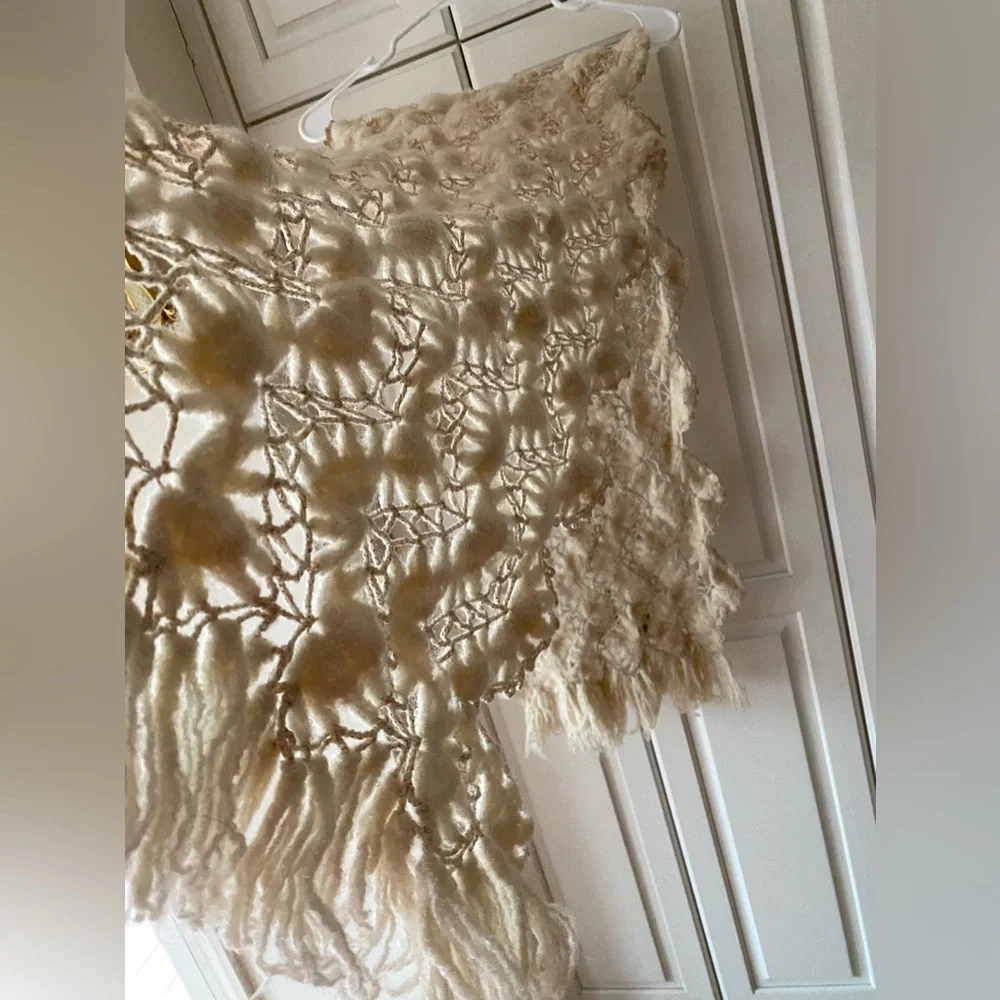 Vintage crochet Beige shawl scarf fringes Golden thread hand knitted oversized
